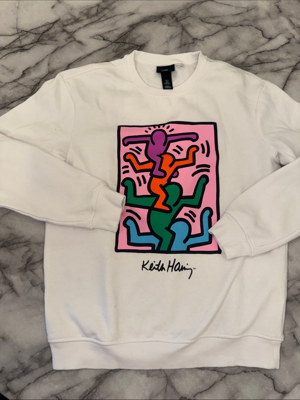 H&M White Crewneck with Multicolor Keith Haring Graphic